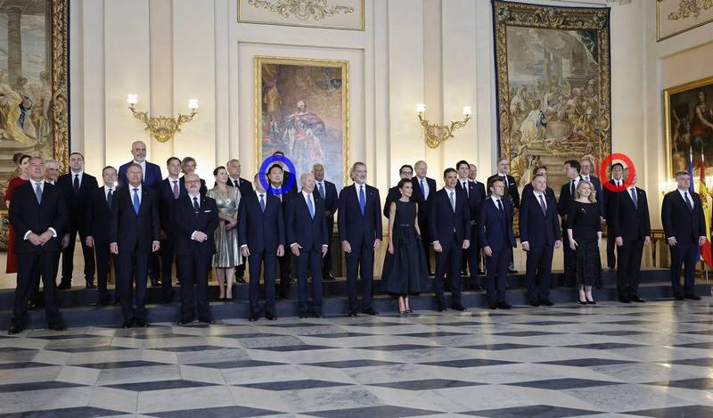 多國領袖出席西班牙國王晚宴。紅圈為岸田文雄，藍圈為尹錫悅。（美聯社）
