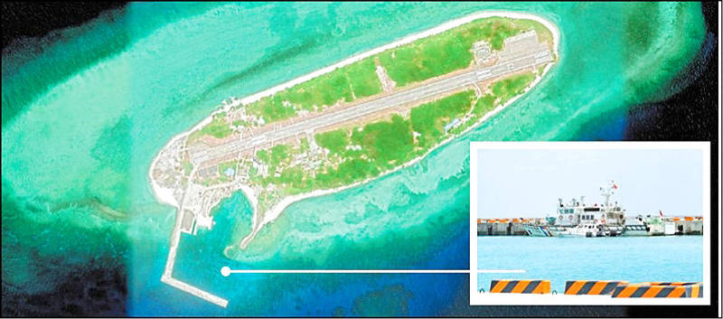 An aircraft runway and a dock mostly used by Taiwan-based coast guard vessels can be seen in an aerial view of Itu Aba Island （Taiping Island） in the South China Sea.
Photo from Google Maps