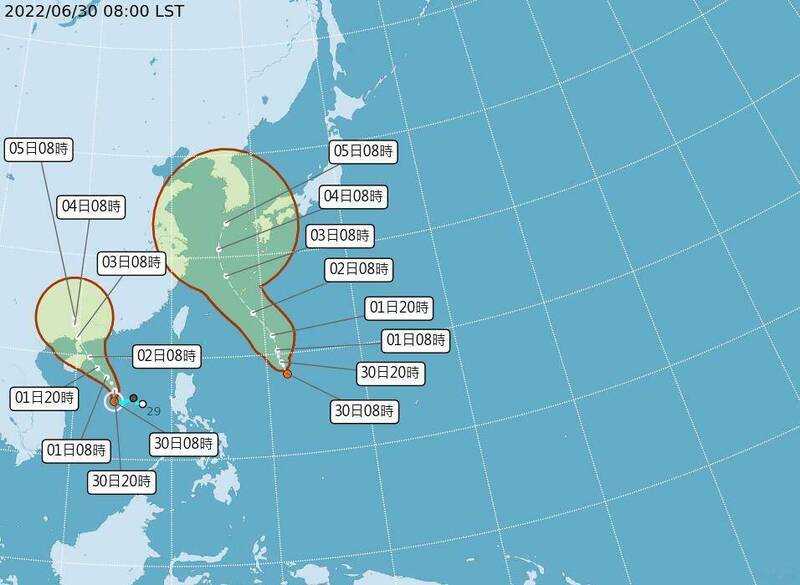 目前 （06月30日08時）太平洋地區有 1 個颱風芙蓉（圖右），有 1 個熱帶性低氣壓（T.D.）。（取自中央氣象局）