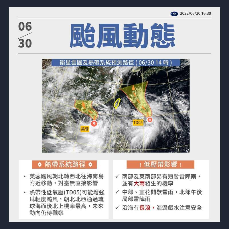 芙蓉颱風朝海南島附近移動，對台灣無直接影響；菲律賓東方熱帶低壓（TD05）朝北北西通過琉球海面後偏北移動機率最高。（取自中央氣象局網站）