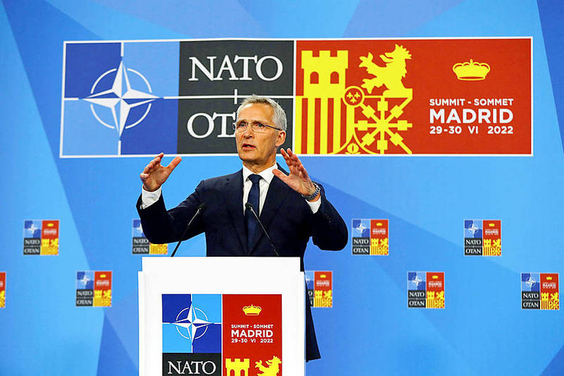 
NATO Secretary General Jens Stoltenberg speaks during a press conference at a NATO summit in Madrid yesterday.
Photo: Reuters
