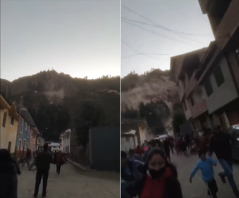 秘魯6月30日驚傳重大山崩事故，事發當下民眾被嚇得大聲尖叫、四處逃難。（圖擷取自@AlertaNews24UKR推特）