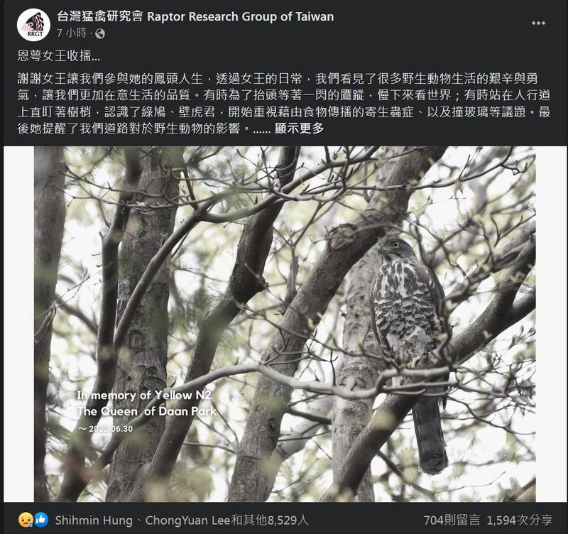 台灣猛禽研究會今天在臉書粉絲專頁突然宣布，昨天傍晚黃恩萼穿越馬路時，不慎發生車禍當場離世，宣告「鳳頭女王黃恩萼的生涯收播」。（圖擷自臉書）