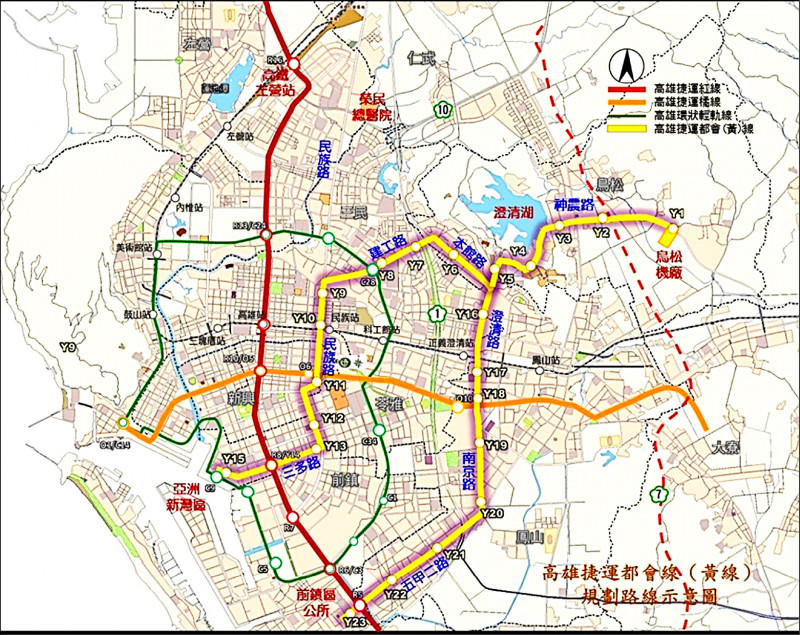 高雄捷運黃線路線圖，圖中可顯示與其他路線關聯。（記者王榮祥翻攝）