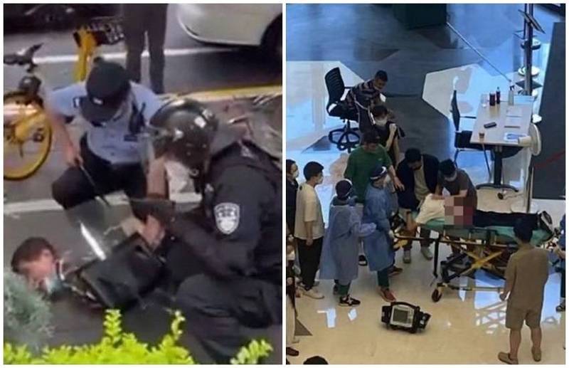 上海靜安區招商局廣場4日發生持刀傷人事件，嫌犯第一時間被逮捕（見左圖），傷者也被送醫，無生命危險（見右圖）。（圖翻攝自微博）