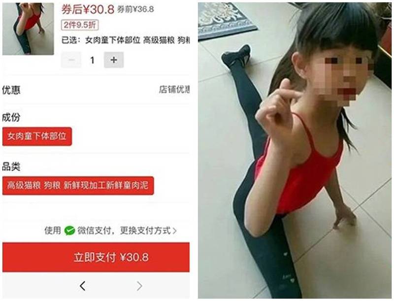 中國寵物業者「力歐高」推出以女童下體製成的肉泥，嚇壞不少網友。（圖翻攝自微博）