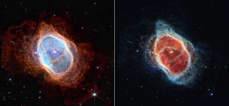 NASA最新釋出由韋伯太空望遠鏡拍攝到的南環狀星雲（Southern Ring，NGC 3132）。（歐新社）