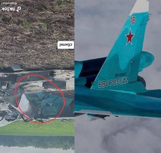 寻获的残骸机尾却有「俄罗斯空军」（ВВС России）的字体，击落的疑似是俄罗斯自家Su-34战机。（图取自推特）(photo:LTN)