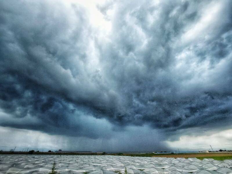 攝影師辜士陞在嘉義縣太保市拍攝雨瀑畫面，前景為有如白色波浪的「小隧道棚」。（圖由辜士陞提供）