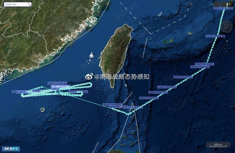 美军机19日在台湾海崃南口进行高强度活动。（翻摄自南海战略态势感知推特）(photo:LTN)