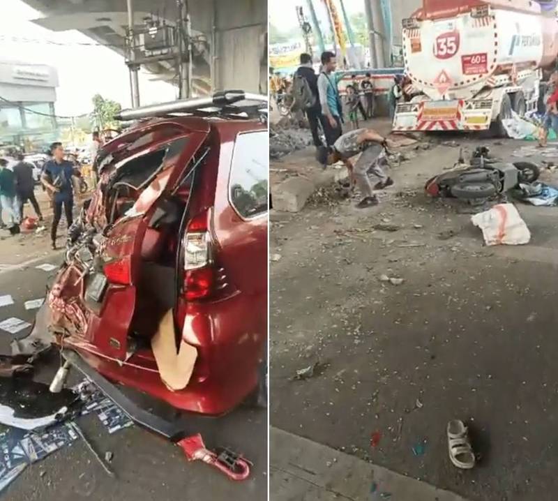 印尼雅加达18日发生严重车祸，一辆印尼国家石油公司（Pertamina）的油罐车当街失控，冲撞多辆汽机车，已知最少造成11人死亡。（翻摄推特）(photo:LTN)