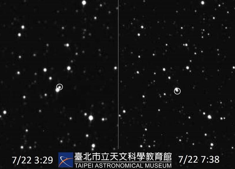 北市天文館於7月22日相隔約4小時所拍攝的冥王星（圓圈內），可看出其與恆星不同，前（圖左）、後（圖右）已有明顯移動。（圖由北市天文館提供）