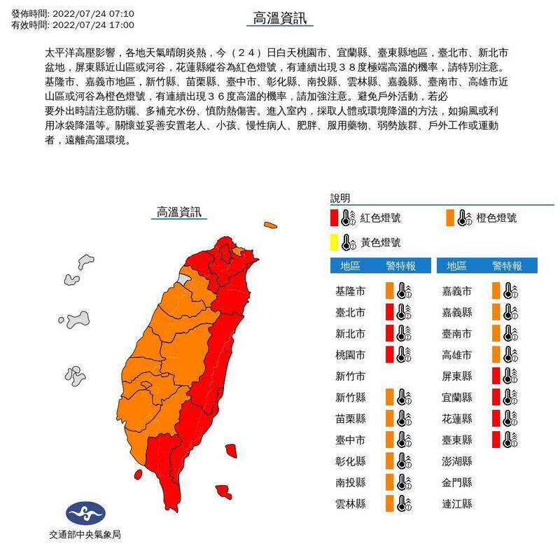 氣象局針對全台18個縣市發布高溫燈號。（中央氣象局提供）