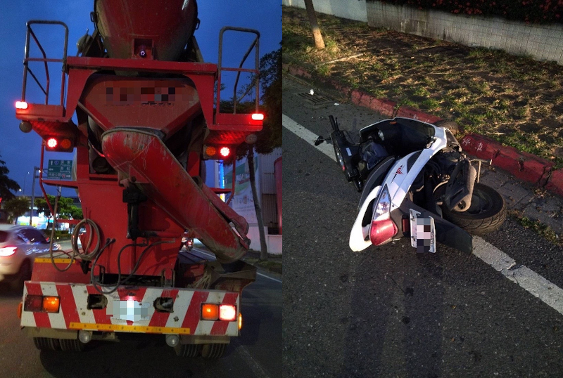 預拌水泥車（左圖）與機車發生（右圖），18歲女騎士打工回家途工不幸身亡。（讀者提供）