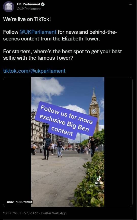 英国国会宣佈在TikTok开设帐号，并在推特上公告。（图取自英国国会推特）(photo:LTN)