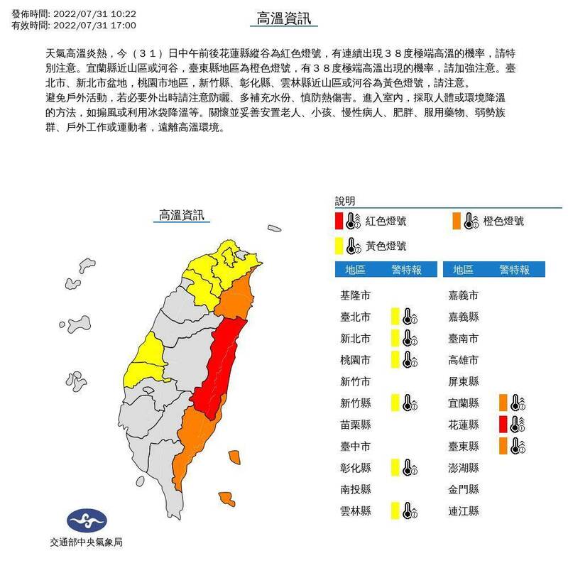 氣象局針對9個縣市發布高溫資訊，提醒花蓮縣縱谷、宜蘭縣近山區或河谷、台東縣地區需留意38度極端高溫；雙北盆地，桃園市地區，新竹縣、彰化縣、雲林縣近山區或河谷須留意36度高溫。（圖擷取自中央氣象局）