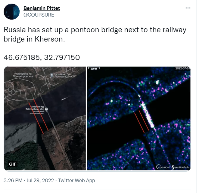 推特上雷达影像显示俄罗斯正在搭建浮桥，然而实际上这是透过雷达反射器显示出的假资讯。（图撷取自Benjamin Pittet推特）(photo:LTN)