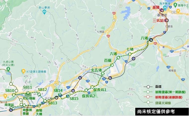 汐東線與基隆捷運整合路線圖。（新北市捷運工程局提供）