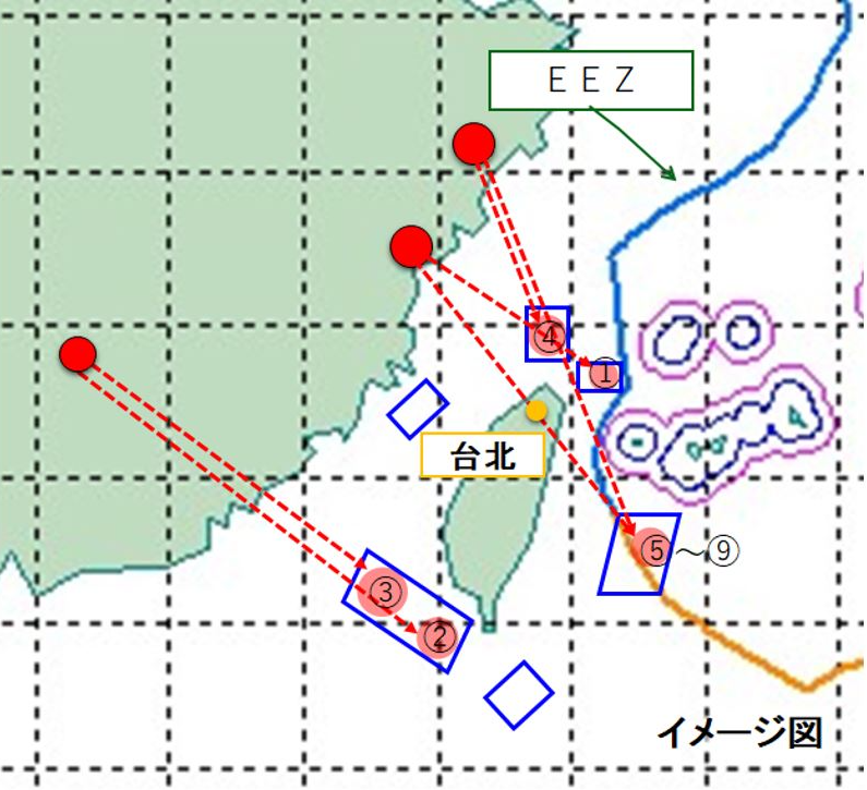 日本防衛省公布中國解放軍4日圍台軍演發射飛彈的軌跡圖。（圖取自日本防衛省官網）