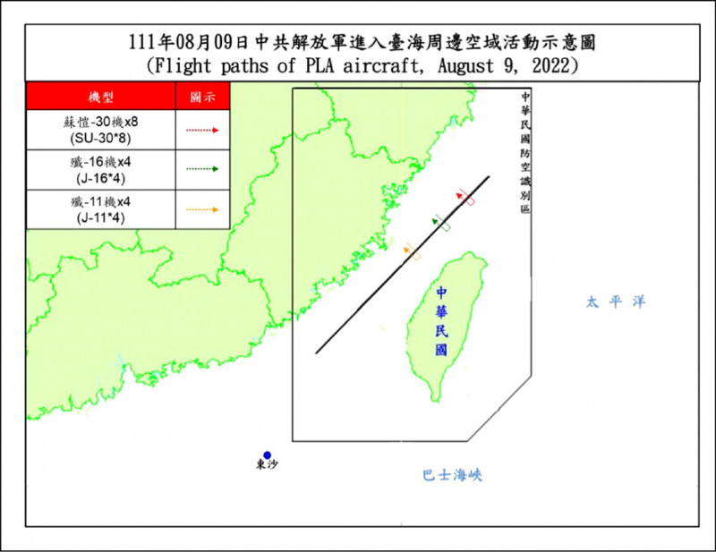 國防部昨晚表示，中共16架次軍機昨越過台海中線。（國防部提供）