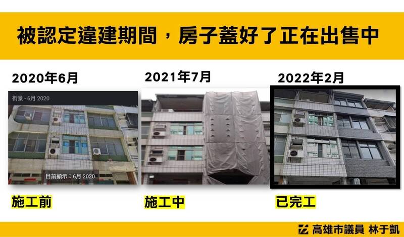 高市議員林于凱指三民區某透天厝被認定違建期間照樣興建，現在正出售中，明顯有行政疏失。（記者王榮祥翻攝）