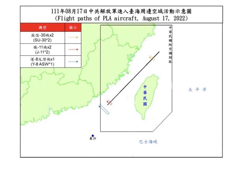 國防部今天發布中國解放軍動態，有13架次軍機在中線與延伸線以東活動。（國防部提供）