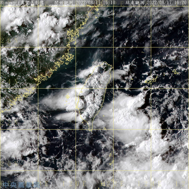 目前在台灣東方近海有一低壓擾動「96W」生成，正快速向台灣接近中，今晚到明天氣將變得不穩定。（圖擷自中央氣象局）