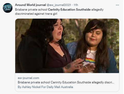 澳洲女校拒絕12歲跨性別女兒入學，母親譴責該校性別歧視。（圖擷取自推特@aw_journal2021）