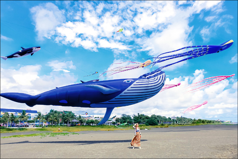 高雄旗津風箏節，30隻「鯨魚」飛上天。（高市觀光局提供）