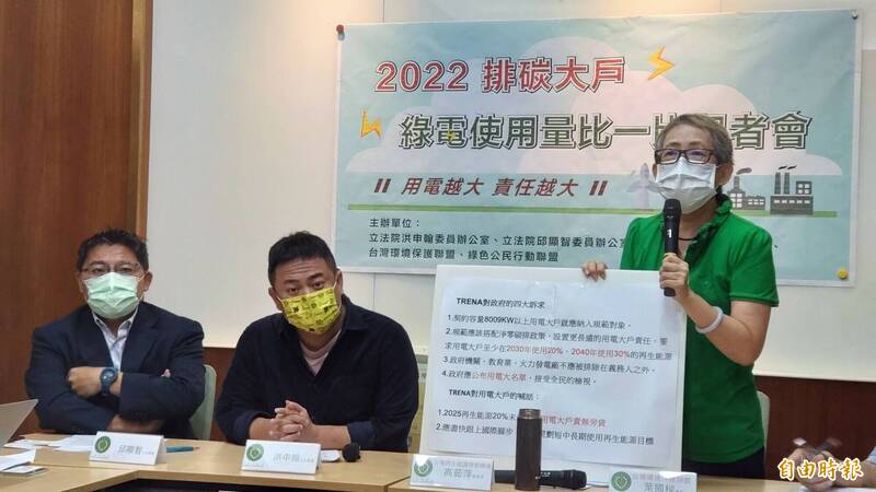 台灣再生能源推動聯盟召開「2022排碳大戶綠電使用量比一比」記者會，要求企業應積極使用綠電，擔起企業社會責任。右起為台灣再生能源推動聯盟秘書長高茹萍、民進黨立委洪申翰與時代力量立委邱顯智。（記者楊丞彧攝）