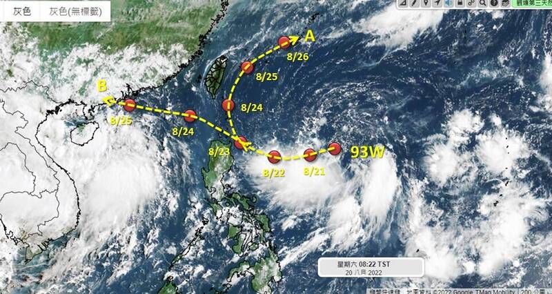 氣象專家吳聖宇則表示，熱帶擾動「93W」可能的移動路徑有2條，其中A路徑對台灣影響較大，降雨會明顯增多、不穩定天氣的時間也較長。（圖取自「天氣職人-吳聖宇」臉書）