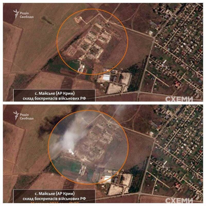 烏克蘭南部克里米亞的迪贊高爾（Dzhankoi）的邁斯克（Maiske）俄軍基地發生爆炸，它的爆炸前後對比衛星照也在推特流傳。（圖擷取自推特）