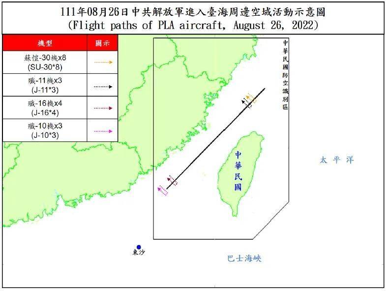 國防部今天發布中國解放軍動態，有18架次軍機越過台海中線。（國防部提供）