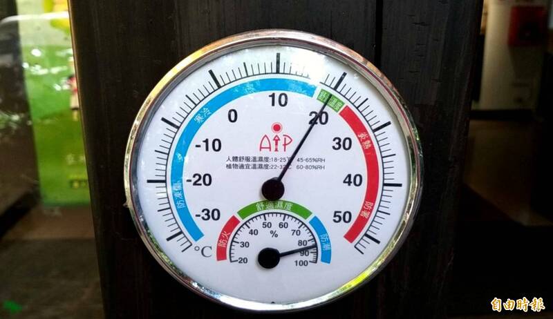 台大實驗林管處辦公室屋簷下懸掛的溫度計顯示，溪頭自然教育園區溫度在20度左右。（記者謝介裕攝）