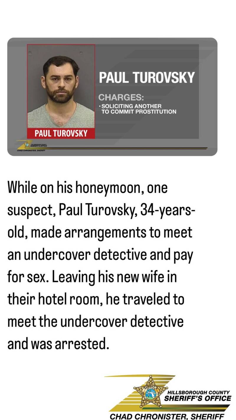 美国佛州1名34岁新婚人夫在蜜月期间，竟在晚间偷熘前往其他饭店召妓，因召妓行为遭警方逮捕。（取自HCSO推特）(photo:LTN)