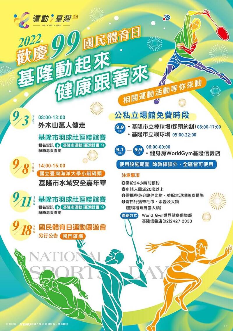 為了慶祝9月9日國民體育日，基隆市政府舉辦外木山萬人健走，9月1日至9月9日健身房WorldGym信義店運動設施，將免費開放使用。（基隆市政府提供）