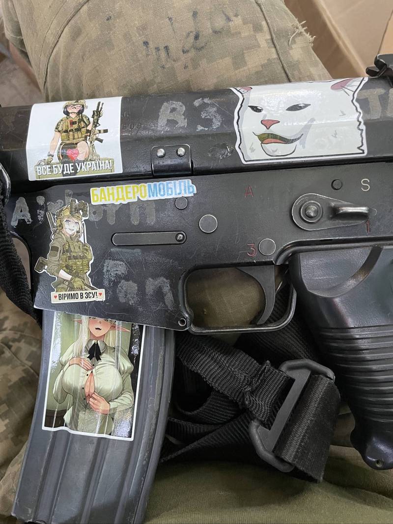 这把FNC突击步枪上贴满动漫贴纸，其中包含知名迷因梗图「不吃菜猫咪（Smudge the Cat）」。（图撷取自推特）(photo:LTN)