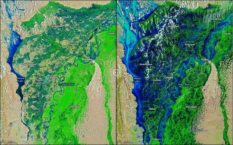 巴基斯坦近期遭遇世纪洪灾，根据美国国家航空暨太空总署近日拍下的卫星云图可看到，大片农地遭到淹没，甚至形成一个宽达100公里的巨大湖泊。左图为今年8月4日，右图为今年8月28日。（图撷自NASA）(photo:LTN)