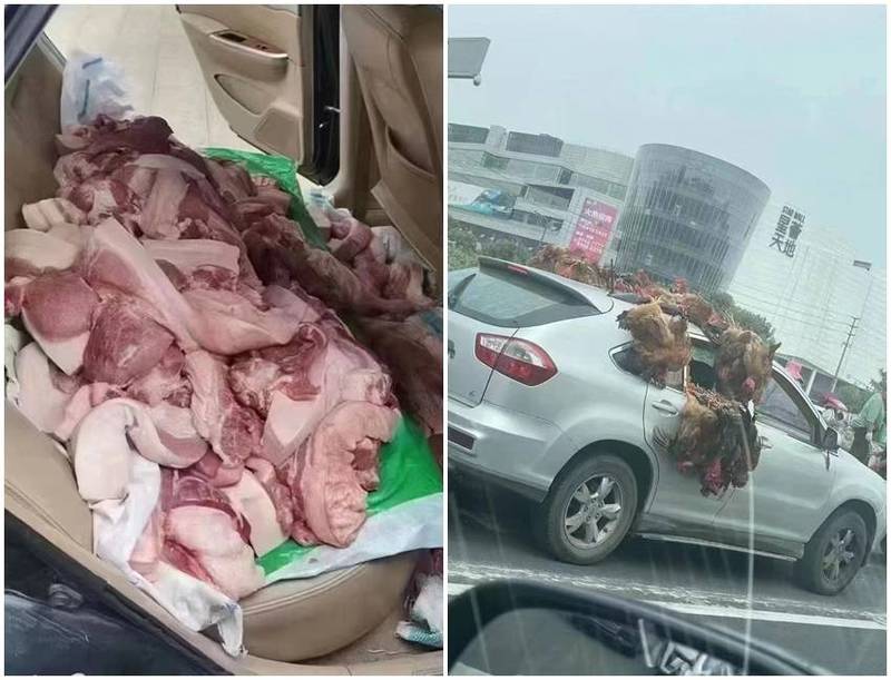 猪肉连袋子都不装，直接到堆到汽车后座；数十只还没拔毛的鸡挂在轿车外在路上行驶。（图翻摄自Manya Koetse推特）(photo:LTN)