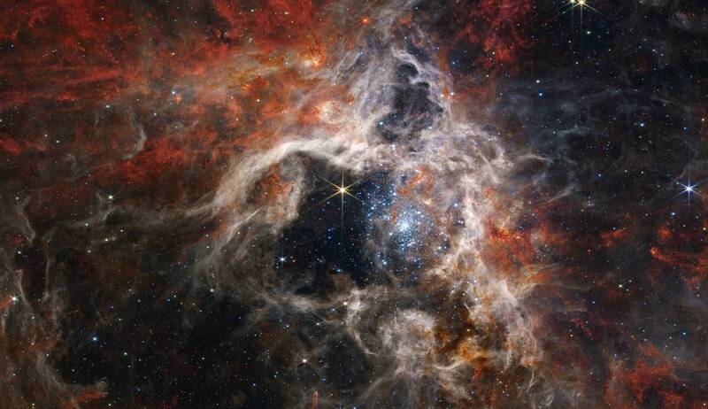 NASA在6日釋出由韋伯太空望遠鏡拍攝到的「蜘蛛星雲」（Tarantula Nebula）。（圖擷取自@NASA推特）