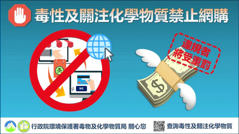 環保署表示,該15種物質公告為關注化學物質後,隨即禁止於網路等無法辨識交易當事人的平台販賣。(環保署化學局提供) 環保署表示,該15種物質公告為關注化學物質後,隨即禁止於網路等無法辨識交易當事人的平台販賣。(環保署化學局提供)