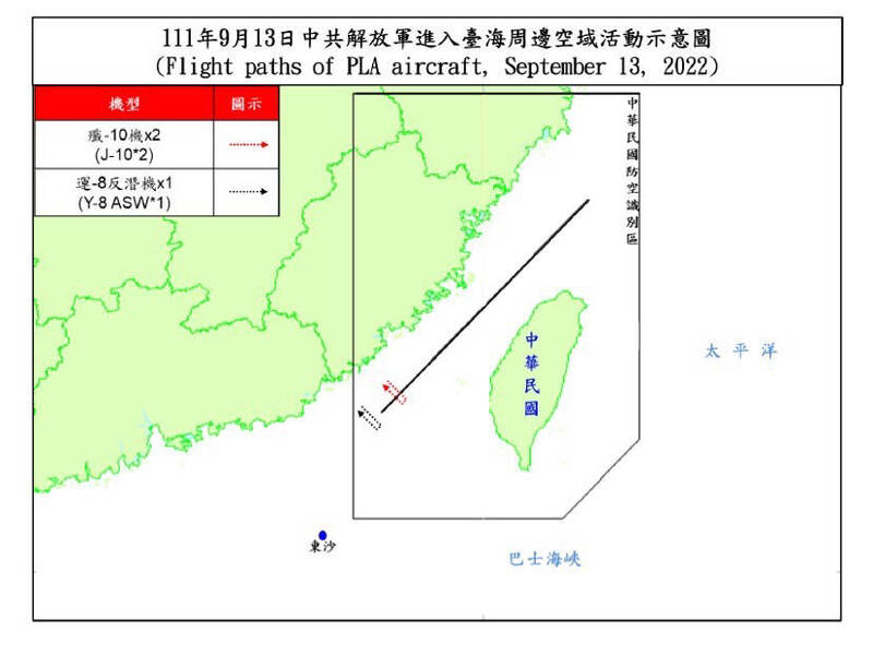 中共3架次軍機越過台海中線或西南空域的延伸線。（國防部提供）