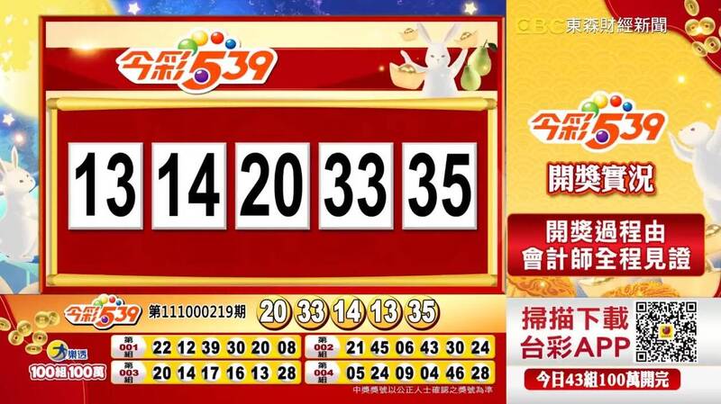 今彩539、39樂合彩開獎號碼。（圖擷取自東森財經新聞57彩券王）