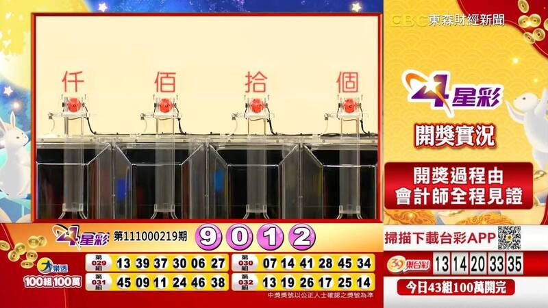 4星彩開獎號碼。（圖擷取自東森財經新聞57彩券王）