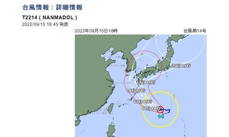 今年第14号台风南玛都可能扑向日本冲绳或九州地方，由于目前预测路径跟2004年3度登陆日本酿灾的强台佳芭雷同，日本气象厅如临大敌。（图撷取自日本气象厅网站）(photo:LTN)