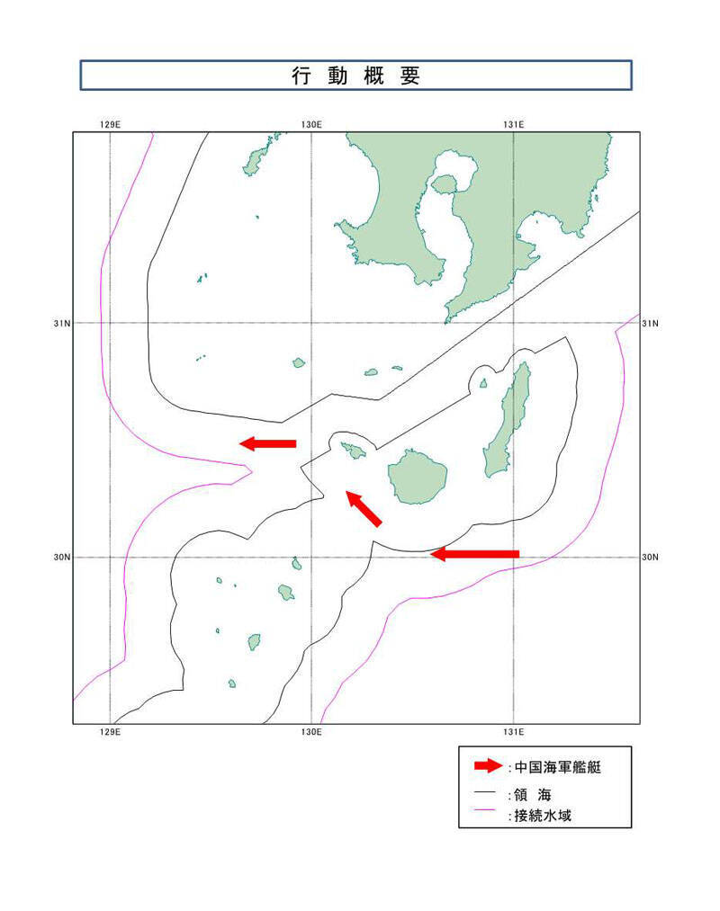 中国勘测船入侵的路线图。（图撷取自日本防卫省）(photo:LTN)
