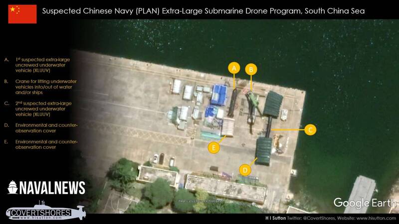 中国解放军疑似再添新武器，根据《navalnews》报导，两艘超大型水下无人载具（XLUUV）出现于解放军三亚海军基地。（图撷取自《navalnews》）(photo:LTN)
