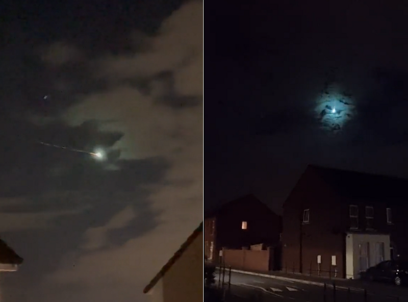 英國當地時間14日晚上，多地民眾目擊夜空中有道不明的「巨大火球」緩緩劃過。（圖擷取自@RhiannonHayes12、@IsMiseSeosamh推特，本報合成）