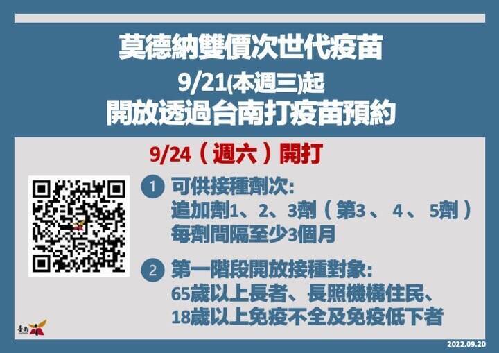 南市衛生局公布，明天（21日）起開放民眾透過「台南打疫苗」系統預約莫德納雙價次世代疫苗，預計將於24日開打。（南市府提供）