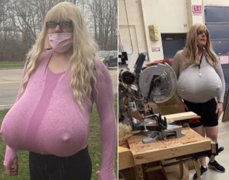 加拿大有名高中老师戴着巨大的「假胸部」上课，影像曝光后，校方收到许多家长投诉。（图撷取自@LuciT00405829、@CardiffFeminist推特，本报合成）(photo:LTN)